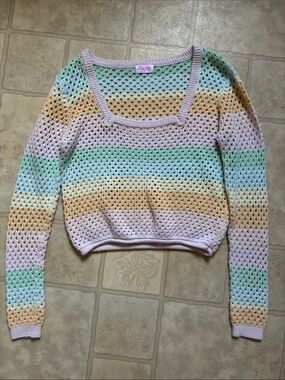 Pink Lily Pastel Colors Square Neck Open Knit Crochet Crop Top Sweater Sz. Small